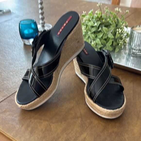 Prada Black Wedge Sandals with Crisscross Straps - Picture 1 of 5